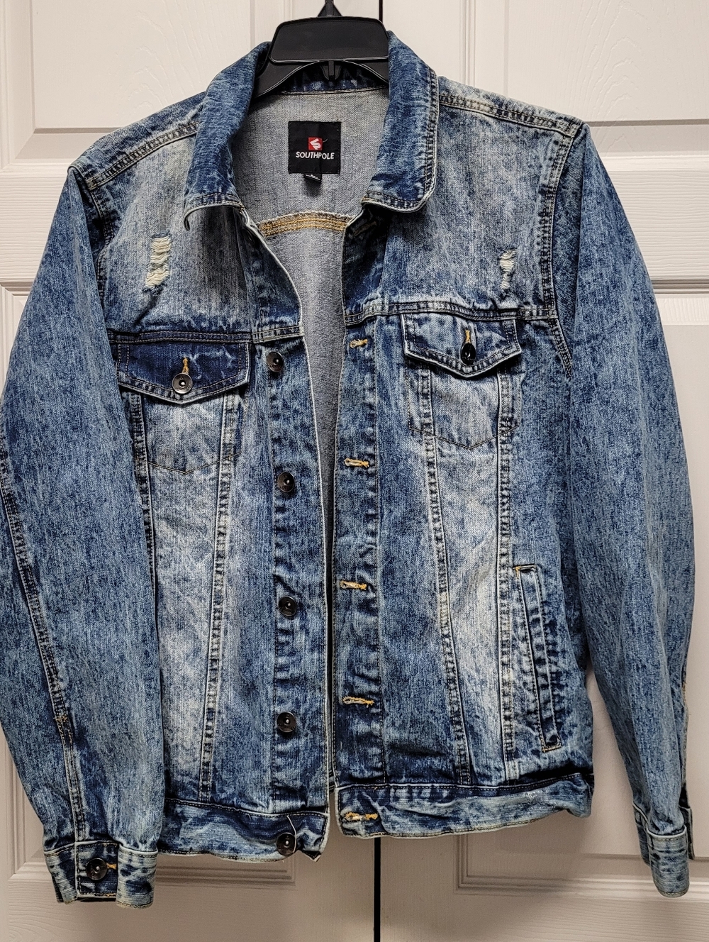 South Pole Men's Blue Acid-Wash Denim Jacket with Distressed Detail